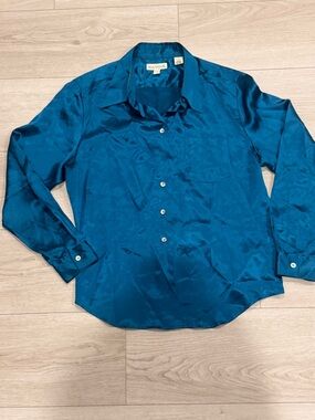 VINTAGE Ann Taylor 100% Silk Blouse - Teal Blue Petites 12P SOLD AS IS